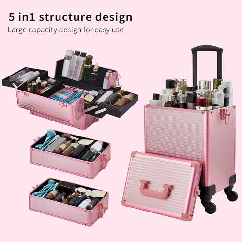 Rolling Makeup Case, Makeup Train Case with Lid, 5 in 1 Cosmetology Case on Wheels, Christmas Gift, Large Makeup Case Organizers, Profesional Cosmetic Case for Salon Barber, Pink - color: Pink