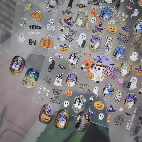 Halloween Nail Stickers 5D Ghost Pumpkin Spider Nail Decals for Nail Art - color: Multicolor-090