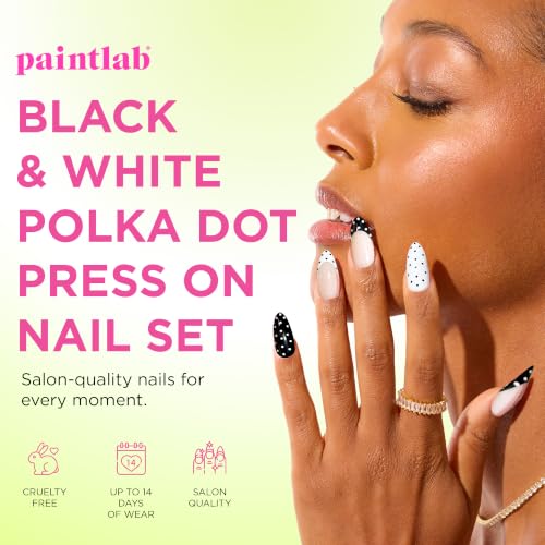 PaintLab Black White Polka Dot Press On Nails, Medium Almond 30pc Nail Tips - color: Polka Dot Couture