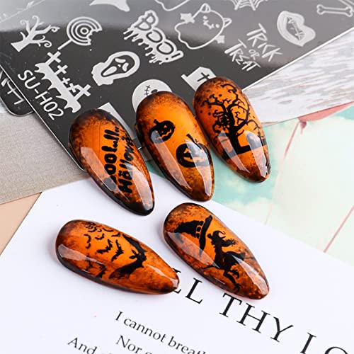 Halloween Nail Stamper Kit: 6 Pcs Stamp Template Plates with 1 Stamper, 1 Scraper - Horror, Ghost, Pumpkin, Skull, Bone Images - DIY Nail Art Set