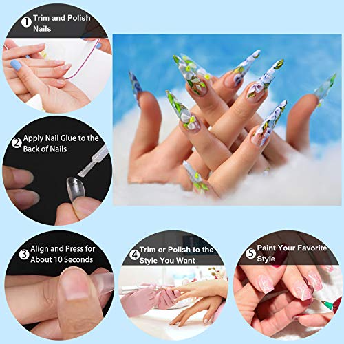 FEBSNOW 1000PCS Long Stiletto Nail Tips, Acrylic Flake Nails with Box