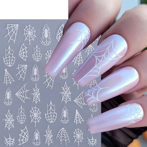 10 Sheets Halloween Nail Stickers for Nail Art 3D Self-Adhesive Spider Nail Decals Spider Web Nail Art Stickers Black White Gold Silver Laser Spider Web Nail Design for Acrylic Women Manicure Decor - style: laser spider web
