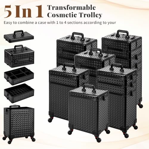 AROUS 5 in 1 Rolling Makeup Train Case with Lid Cosmetology Case on Wheels - color: Black