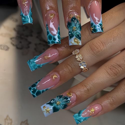 Long Square Press on Nails Blue Gradient Acrylic Fake Nail 24Pcs - color: 40
