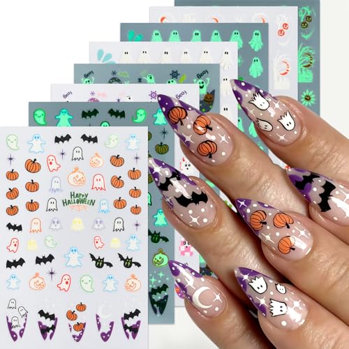 8Sheets Halloween Glow in The Dark Ghost Nail Stickers 3D Self-Adhesive Luminous Ghost Nail Art Decals Spider Web Pumpkin French Nails Design Bats Star Moon Nail Supplies Nail Decorations for Women - style: pumpkin