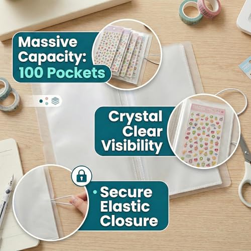 Sticker Organizer Album With 100 Clear Pockets For Sticker Sheets - size: Large(4.8" x 9.6")
