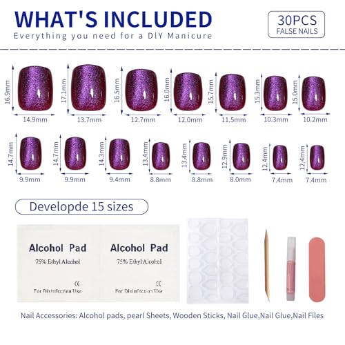 Pink Purple Cat Eye Press On Nails Short Square, Magenta Tone Cat Eye Nail Design, High Saturation Color Glossy Soft Gel Fake nails, Reusable Glue On Nails for Women, Party Holiday, 30Pcs - color: M07-purple pink