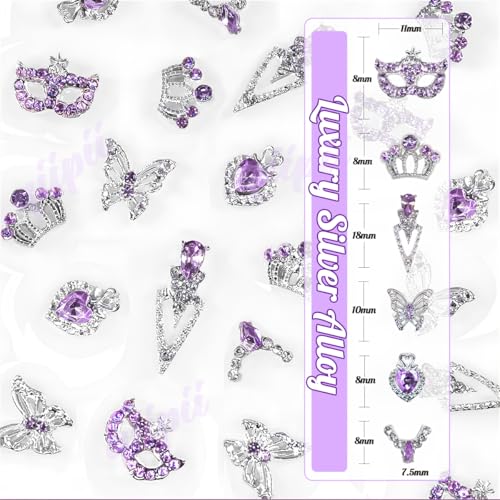 qiipii 24pcs Purple Luxury Nail Charms Heart Rhinestones Charms 3D Big Crown Butterfly Nail Gems Crystals Diamonds Jewelry Stones Alloy Studs Supplies Decor for Arylic Nails Face Makeup DIY Crafts - color: Luxury Charms - Purple, size: 1 Box
