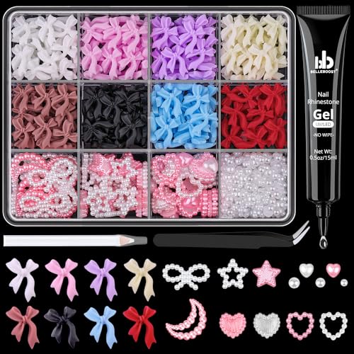 600Pcs 3D Nail Bow Charms and Flatback Pearls Nail Charms Set 5 with Glue - color: Set 6- 8 Colors C Style with Glue