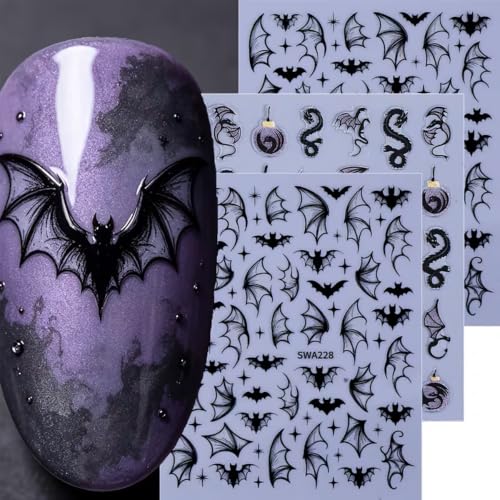 Halloween Black Bats Nail Art Stickers Bat Wing Nail Art Decals 6 Sheets 3D Self-Adhesive Bats Nail Stickers Black Dragons Dragon Wings Nail Designs for Women Halloween Nail Supplies Decorations - color: Halloween Style8