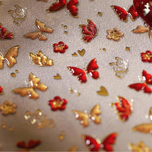 5D Embossed Butterfly Nail Art Stickers Red Hot Gold Butterflies Nail Decals Flower Heart Nail Design Stickers Self Adhesive Star Nail Art Supplies Spring Nail Stickers for Women Nail Art Decoration - style: Butterfly Nail Stickers-5