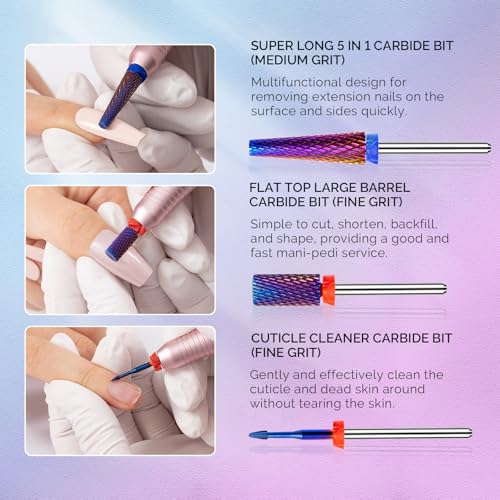 MelodySusie 3Pcs Nail Drill Bits Set, 3/32'' Carbide Tungsten Bits, Super Long 5 in 1, Flat Top Large Barrel and Cuticle Bits, Suitable for Manicure Pedicure Cuticle Gel Acrylic Remover, Purple - size: B Set