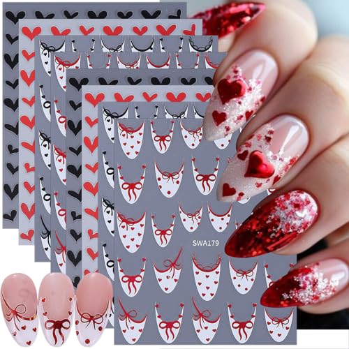 8 Sheets Valentines Nail Stickers for Nail Art 3D Self-Adhesive White French Tip Nail Art Stickers with Cute Bow Love Designs Red Black Heart Nail Decals Nails Supplies for Women Acrylic DIY Manicure - style: French Tip Nail Stickers-1