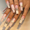 Square Press on Nails Medium - White French Tip Extra Long Fake Nails Press ons,24 Pcs Flower Pearl Charms Design Glue on Nails Pink Acrylic Nails Glossy Full Cover False Nail For Women - color: Flower Pearl Charms