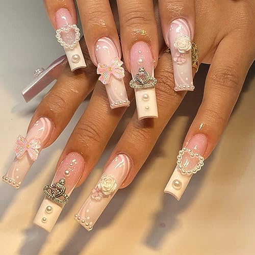 Square Press on Nails Medium - White French Tip Extra Long Fake Nails Press ons,24 Pcs Flower Pearl Charms Design Glue on Nails Pink Acrylic Nails Glossy Full Cover False Nail For Women - color: Flower Pearl Charms