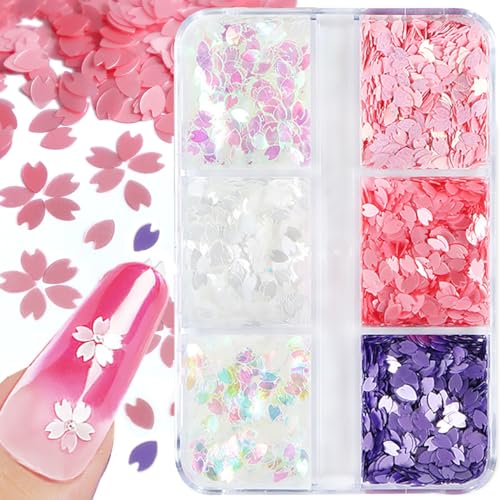 6 Colors 3D Cherry Blossom Petals Holographic Nail Glitter Sequins for Nail Art Design DIY Acrylic Nail Supplies Decoration Charms Women - color: 6 colors