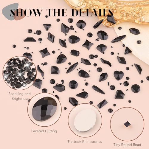 2750Pcs Black Glass Nail Rhinestones 240Pcs Multi Shapes Flatback Nail Gems + 2510Pcs 1.5-4mm Round Crystal, Manicure Nail Charms Diamond Gemstones for Acrylic Nails Decoration - color: 26 Black Crystal, size: 3 pack