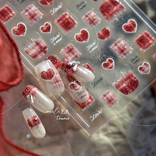 1 Sheet Valentines Day Nail Stickers for Nail Art 5D Embossed Red Heart Nail Decals Glitter Heart Nail Art Stickers Plaid Heart Nail Design French Nail Supplies for Women DIY Manicure Decoration - style: red glitter heart