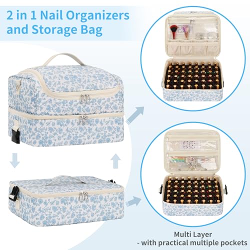 CUBETASTIC Nail Polish Organizer, Nail Supplies Storage Case Holds 86 Bottles Nail Polish & Nail Lamp, Travel Nail Tech Carrying Bag, Nail Kit Bag For Nail Stuff & Manicure Tools - color: Blue Floral, size: 117 Slots