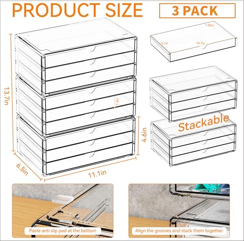 Yieach 11.1 Inch Long Clear Drawer Organizers Stackable,3 Pack Small Acrylic Drawers,School,Office Supplies Organizer And Storage Bins for Stationery,Marker,Pen,Pencil,Craft Desktop Storage Drawers - size: 9 Drawers-10.1 In Long