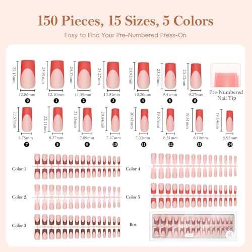 PEACECOLOR French Tip Press On Nails Kit - 150Pcs Long Square Gel Nail Kit with U V/LED Lamp Quick-Dry Nail Glue Base & Top Coat, Complete DIY Manicure Set Fake Nails Gift for Women Girls Home - color: Long Square