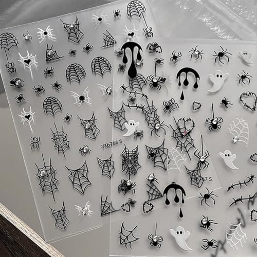 Halloween Nail Stickers for Nail Art Cute Ghost Spider Halloween Fingernail Nail Art Stickers Black White 5D Embossed Nail Decals 3D Self-Adhesive Nails Supply Manicure Sliders for Nail Decoration - color: Halloween Style11