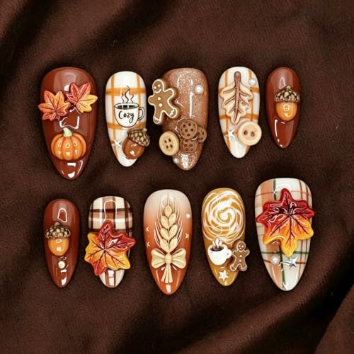 30pcs Thanksgiving Press on Nails Fall Maple Leaf Acrylic Fake Nails - color: Halloween Press on Nails 22