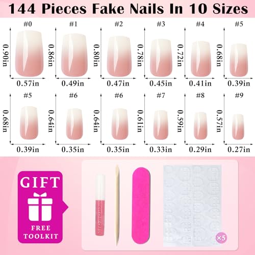 144pc Ombre Press on Nails Medium Fake Nails Square Glue on Nail Press ons