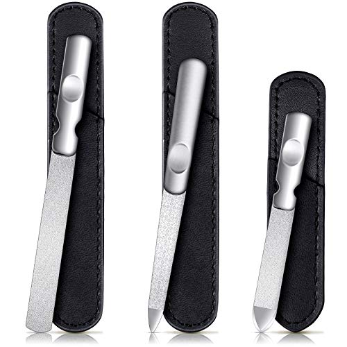3 Pcs Stainless Steel Nail File Kit with Leather Case, Double Sided, Black - color: Black