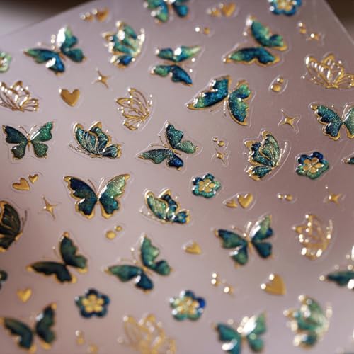 WBRRFJJ 5D Embossed Butterfly Nail Art Stickers, Green Hot Gold Butterflies, Nail Decals, Self Adhesive, Flower Heart Nail Designs, Star Nail Art Supplies, Spring Nail Stickers for Women - style: Butterfly Nail Stickers-4