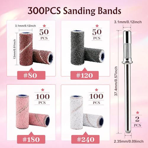 300Pcs Nail Drill Bits Sanding Bands with 2Pcs 3.1mm Mini Mandrel Bit Set - size: 300P