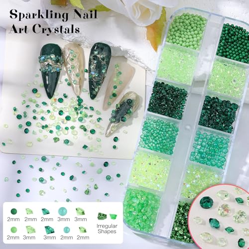 6 Boxes Flatback Gems and Rhinestones for Crafting Kit, 2/3/4/5/6mm Green Jelly Clear AB Rhinestones Resin Half Pearls Nail Charms, Irregular Crystal Caviar Beads with Tweezers for Nails DIY Tumblers - color: Green - 2-6mm
