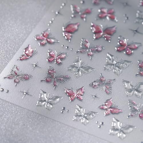 Red Butterfly 5D Embossed Nail Art Stickers Spring Summer Nail Decals Hot Silver Butterflies Nail Stickers Self Adhesive Glitter Star Nail Design Stickers for Women Spring Summer Nail Art Supplies - style: Butterfly Nail Stickers-7