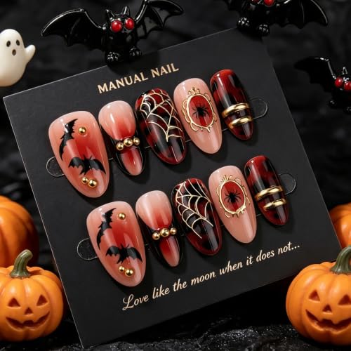 Halloween Press on Nails Medium Almond with Gold Spider Web Bat Design - color: Halloween nails-15