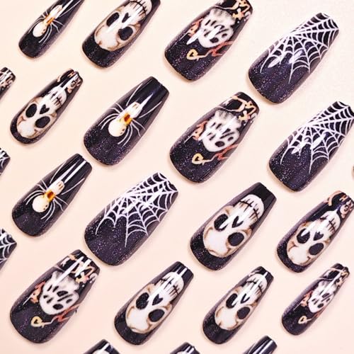 Halloween Press on Nails Skeleton Medium Coffin Fake Nails with Spider Web & Spider Designs Horror Skull False Nail Black Glossy Acrylic Nail Full Cover Stick on Nails for Women Manicure 24 Pcs - color: Halloween Style 018