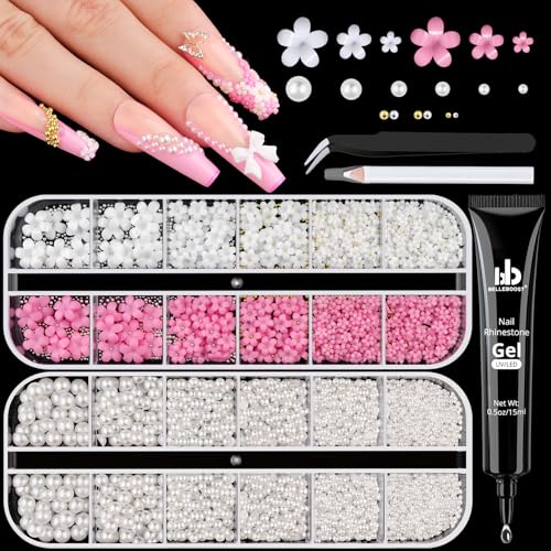 Flatback Nail Pearls and 3D Flowers Charms for Nails Caviar Nail Beads - color: 11 2 Boxes Nail Art Decos Set 30+Glue