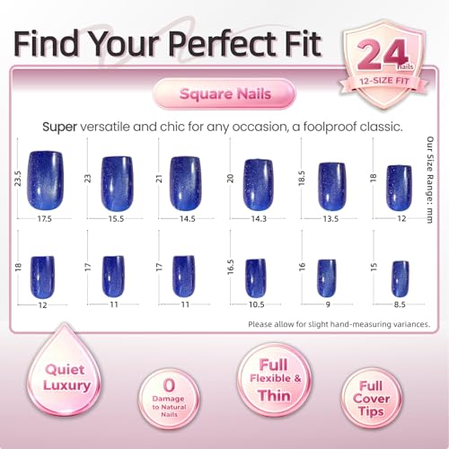 Press On Nails, Short Square Blue Cat Eye Galaxy, 24PCS - color: 078-Dark Blue Square Cat's Eye