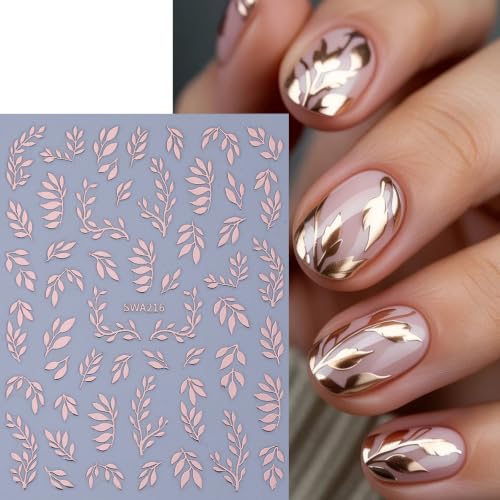 6 Sheets Fall Leaf Nail Stickers 3D Self-Adhesive Leaves Nail Decals Gold Silver Rose Gold Leaf Nail Design Cute Branches Leaves Nail Supplies Fall Winter Nail Accessories for Women DIY Manicure - color: Leaves