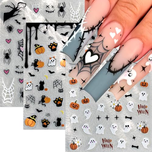6Sheets Cute Ghost Nail Stickers for Nail Art,Micro-Relief Halloween Spider Nail Decals Pumpkin Cat Heart Spider Web Nail Designs Bat Star Nails Accessories for Women Acrylic Manicure Holiday Supplies - style: ghost