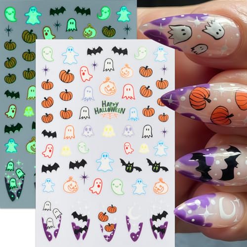 8Sheets Halloween Glow in The Dark Ghost Nail Stickers 3D Self-Adhesive Luminous Ghost Nail Art Decals Spider Web Pumpkin French Nails Design Bats Star Moon Nail Supplies Nail Decorations for Women - style: pumpkin