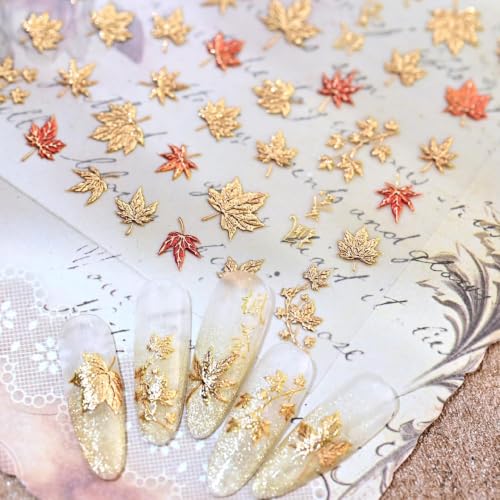 Fall Nail Stickers for Nail Art Autumn Maple Leaves Nail Decals 5D Embossed Thanksgiving Day Gold Maple Leaf Nail Art Supplies Red Leaf Nails Accessories for Women - color: Decals-h
