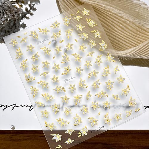 Gold Nail Stickers Fall Flower White Gold 5D Embossed for Elegant Nail Art 3D Self-Adhesive Nails Decoration Beatiful Nail Decals DIY for Women Girls Nail Supplies - color: Gold Flowers Style
