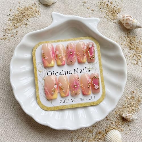 Medium Square Handmade Press on Nails - Ombre French Tip Fake Nails with Gold Starfish & 3D Floral Designs False Nails Reusable Acrylic Stick on Nails for Women 10Pcs (Size M) - color: style2