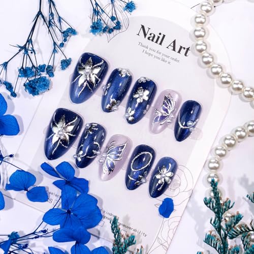 Blue Press On Nails Medium Almond Fake Nails With Blue Butterfly Design Glitter Nails Press Ons Glossy False Nails Silver Pearl Flower Acrylic Glue On Nails For Women 30Pcs - color: Design-19
