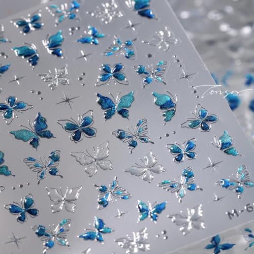 WBRRFJJ 5D Embossed Butterfly Nail Art Stickers - Blue, Butterfly Pattern - Waterproof, Resin Material - For Nails - Nail Art Stickers & Decals - Women & Girls - Spring/Summer Nail Art Supplies - style: Butterfly Nail Stickers-8