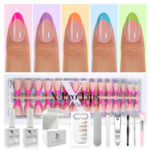 SXC Cosmetics X-Pro Tips French Tip Press On Nails - Bright Pastel Glow in the Dark Series (GLOW114KIT-S Almond) - color: Glow in the Dark - S Almond