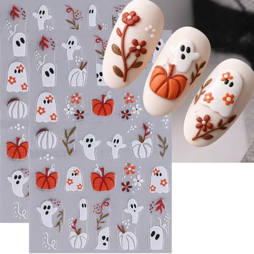 Halloween Ghost Nail Art Stickers Cute Cartoon Pumpkin Ghost Nail Art Decals 4 Sheets 3D Embossed Self-Adhesive Stickers Spider Flower Nail Design for Women Halloween Nail Supplies Nail Decorations - color: Halloween Style2