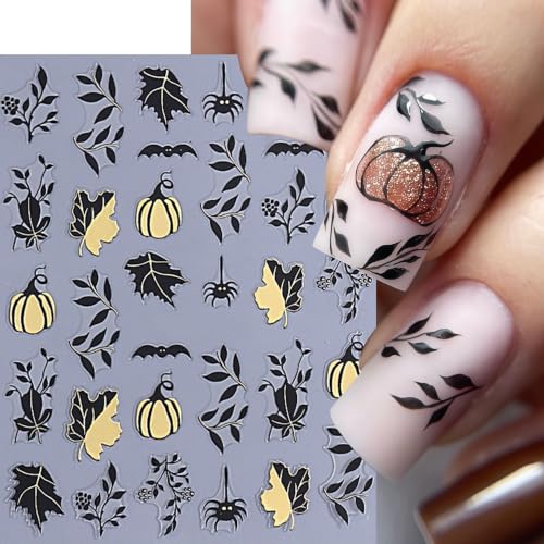 8 Sheets Halloween Pumpkin Nail Stickers 3D Self-Adhesive Spider Web Nail Decals Black Maple Leaf Glitter Pumpkin Nails Design Cute Spider Nail Supplies Manicure Sticker for Women Holiday Decoration - style: spider web