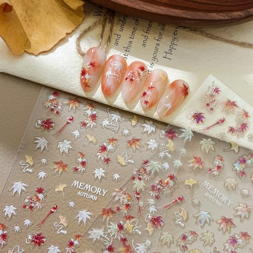 2Sheets Autumn Maple Leaf Nail Art Stickers 5D Embossed Fall Leaf Nail Decals Shiny Maple Leaves Nail Sticker for Thanksgiving Day Nail Art Maple Leaf Manicure Acrylic Nails Accessories for Women DIY - style: maple leaf