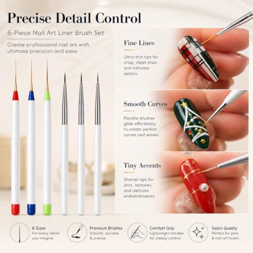 6Pack Nail Art Liner Brushes, Fine Detail Striping Tools for Gel Polish
